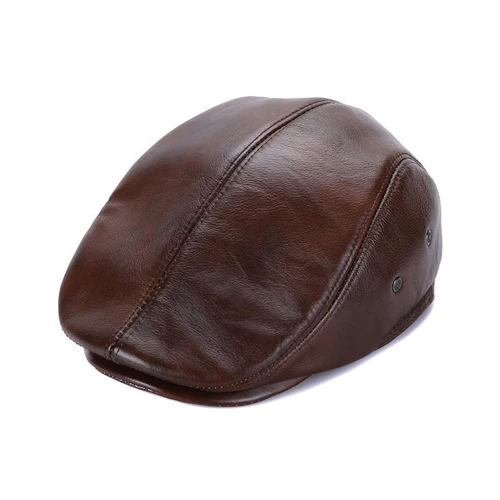 brown Стиль Брендовые мужские из натуральной воловьей кожи кожаный берет s cap Повседневный настоящий кожаный берет шляпа зимние теплые кожаные Кепки из воловьей кожи - Цвет: brown