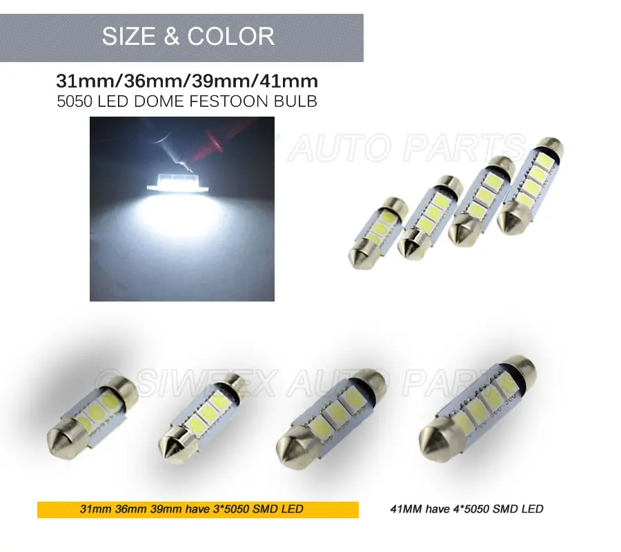 10 шт./лот гирлянда 31 мм 36 39 41 Купольные белые лампы 3x5050 SMD светодиоды внутренние 12 В
