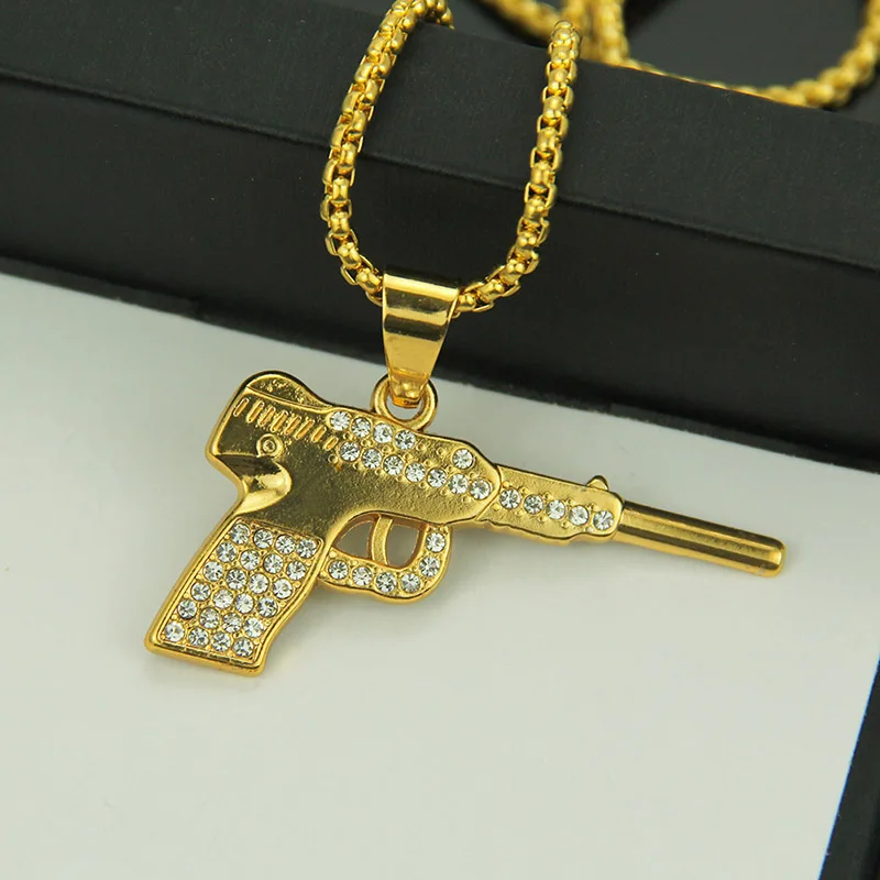 Мода AK47 револьвер Uzi пистолет кулон ожерелья для женщин мужчин хип хоп ювелирные изделия стимпанк Bling горный хрусталь Золото Длинная цепочка ожерелье