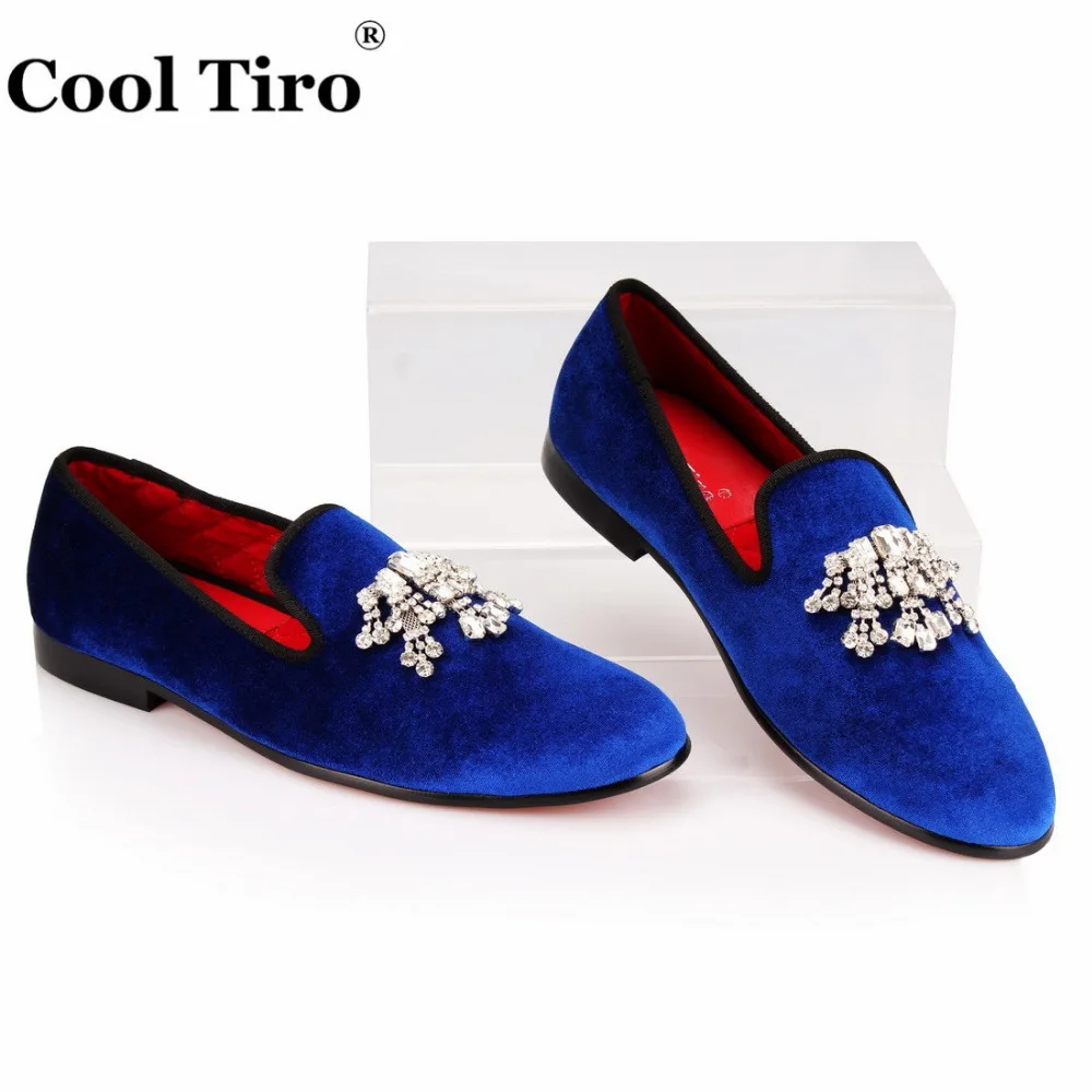COOL TIRO/синие бархатные мужские слипоны со стразами и цветком обувь Тапочки ручной