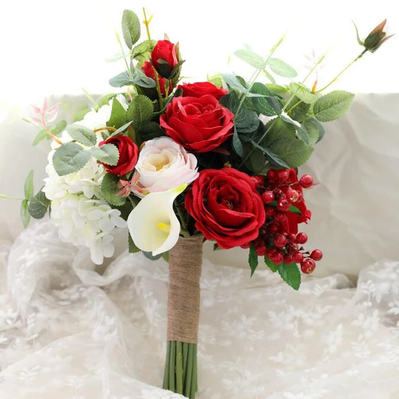 Yellow Red Pink Purple Rose Bridesmaid Wedding Foam flowers Bridal bouquet Ribbon de noiva | Свадьбы и торжества