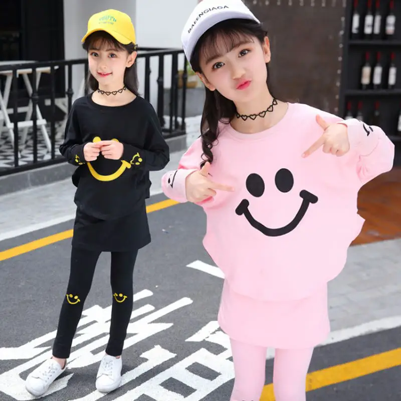 Комплекты осенней одежды для детей Модный комплект из 2 предметов для девочек с рукавами «летучая мышь», хлопковый свитер топ и юбка штаны, одежда для девочек от 10 до 12 лет