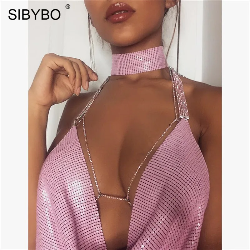 Sibybo, сексуальные женские топы с металлической отделкой,, с открытой спиной, топы с бюстгальтером без косточек, летние, пляжные, вечерние, Клубные, женские, с блестками, Обрезанные, майка, камзол
