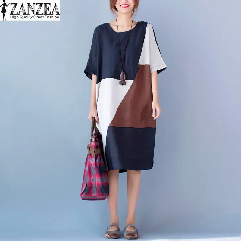 Новая мода ZANZEA Oversize Лоскутная Повседневный Кафтан Vestido 2019 женские летние
