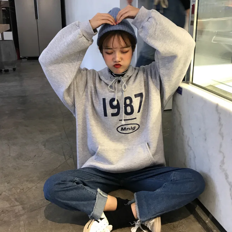 Harajuku негабаритный 1987 пара печати письмо женские толстовки Корейский kpop 2019 осень