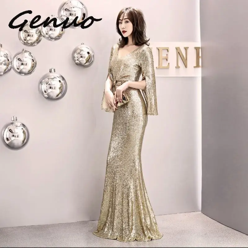Genuo Elegant Party Dress Women Gold Silver Sequin Evening Party Gown Cloak Sleeves V Neck Belt Sexy Wedding Vestido de fiesta