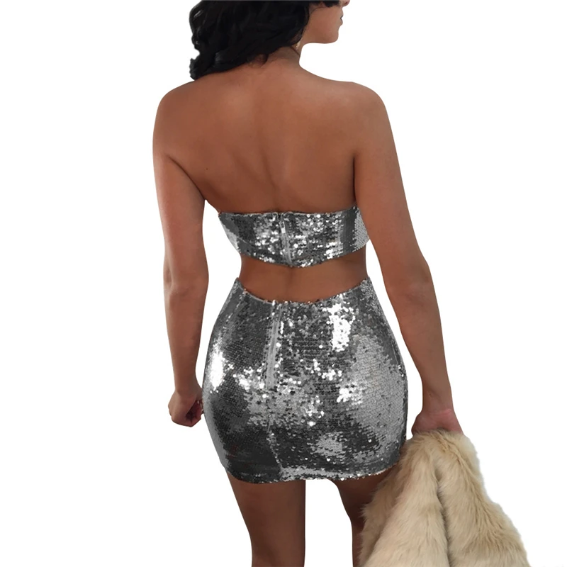 Сексуальные Клубные платья Adogirl из двух частей с блестками ажурный укороченный