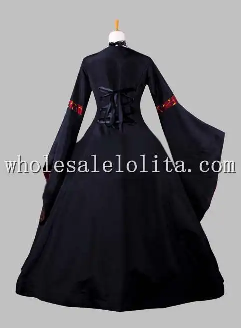 Gothic Black and Dark Red Print Kimono Sleeves Victorian Era Dress Historical Halloween Costume | Женская одежда