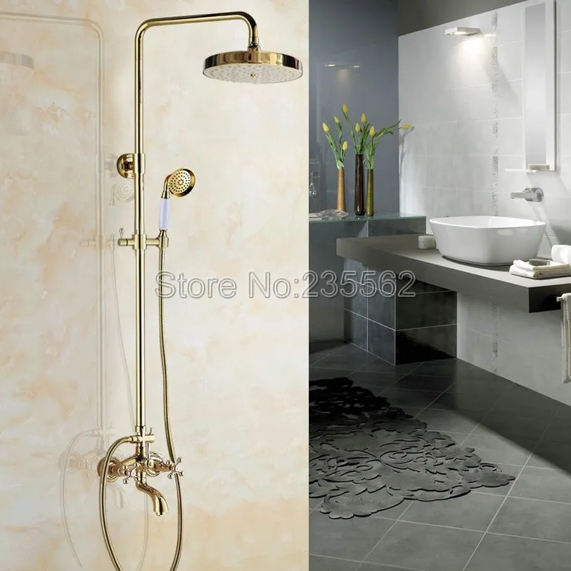 

Wall Mounted Modern Gold Color Brass Rain Shower Faucet Set Bathroom Tub Spout Shower Mixer Taps with Hand Spray lgf455
