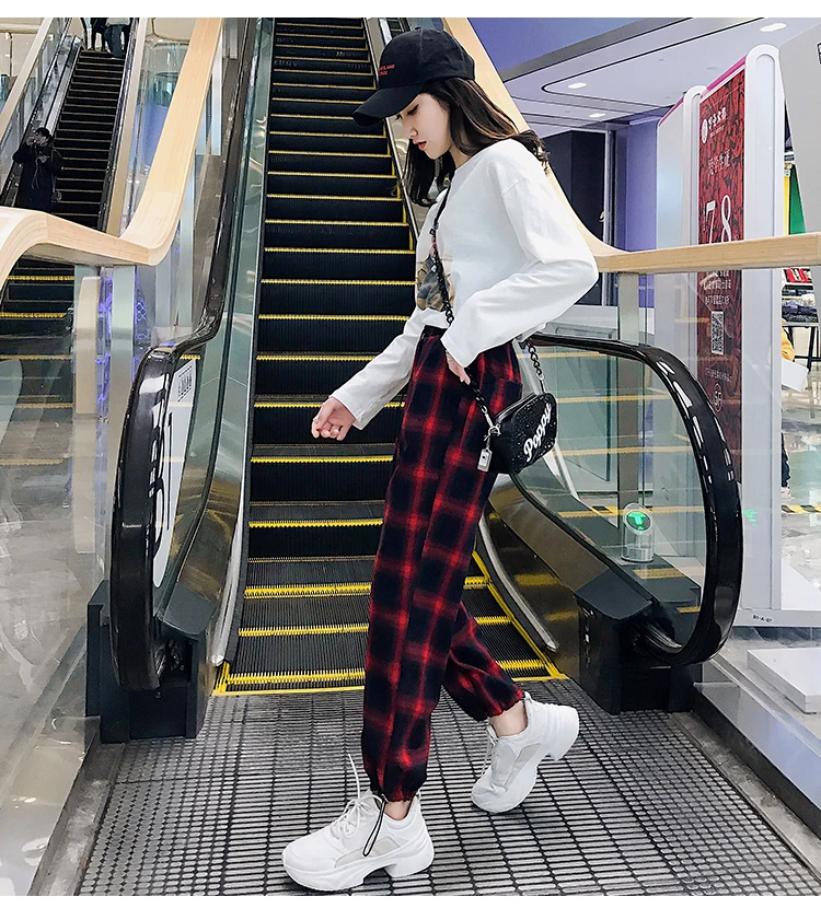 Jielur спортивные штаны женские клетчатые брюки женский корейский стиль Harajuku Boyfriends широкие брюки свободные винтажные зеленые клетчатые джоггеры женские эластичные талии