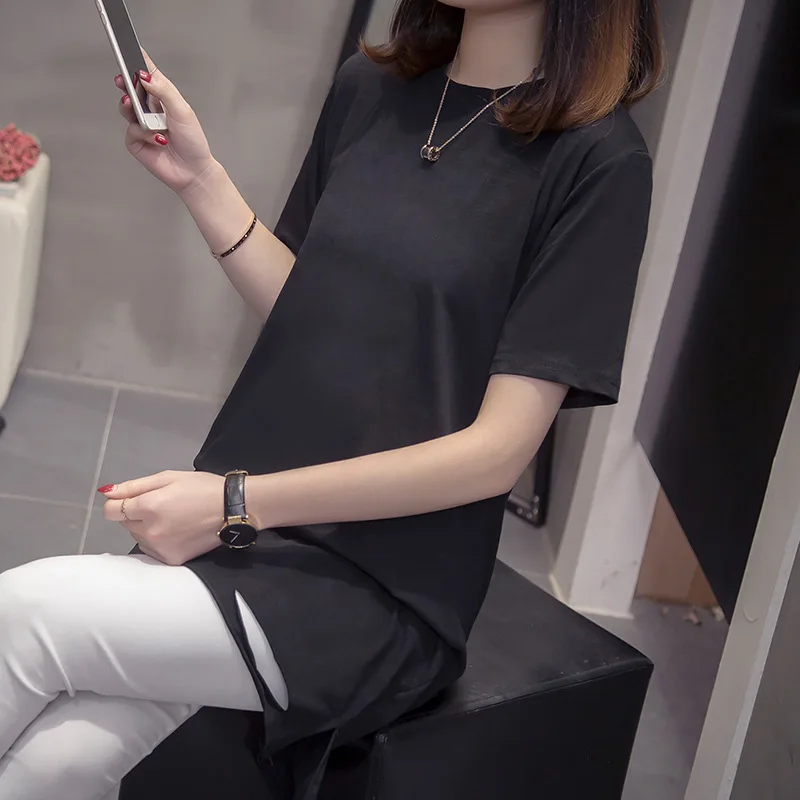 Женская хлопковая футболка средней длины ZXQJ свободная универсальная одежда с