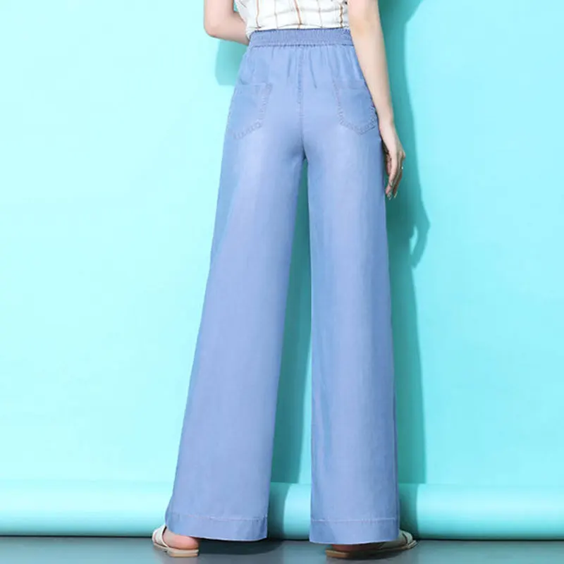 Spring Summer New Fashion Women Tencel Wide Leg Pants High Waist thin Straight Trousers Blue Denim Casual Long D59 | Женская одежда