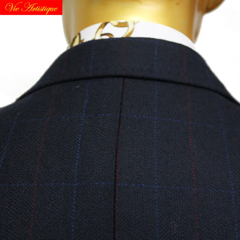 custom tailor made suits 3 pieces jacket pant vest Worsted wool Men's suit groom tuxedos heavy warm navy lattice plaid casual
