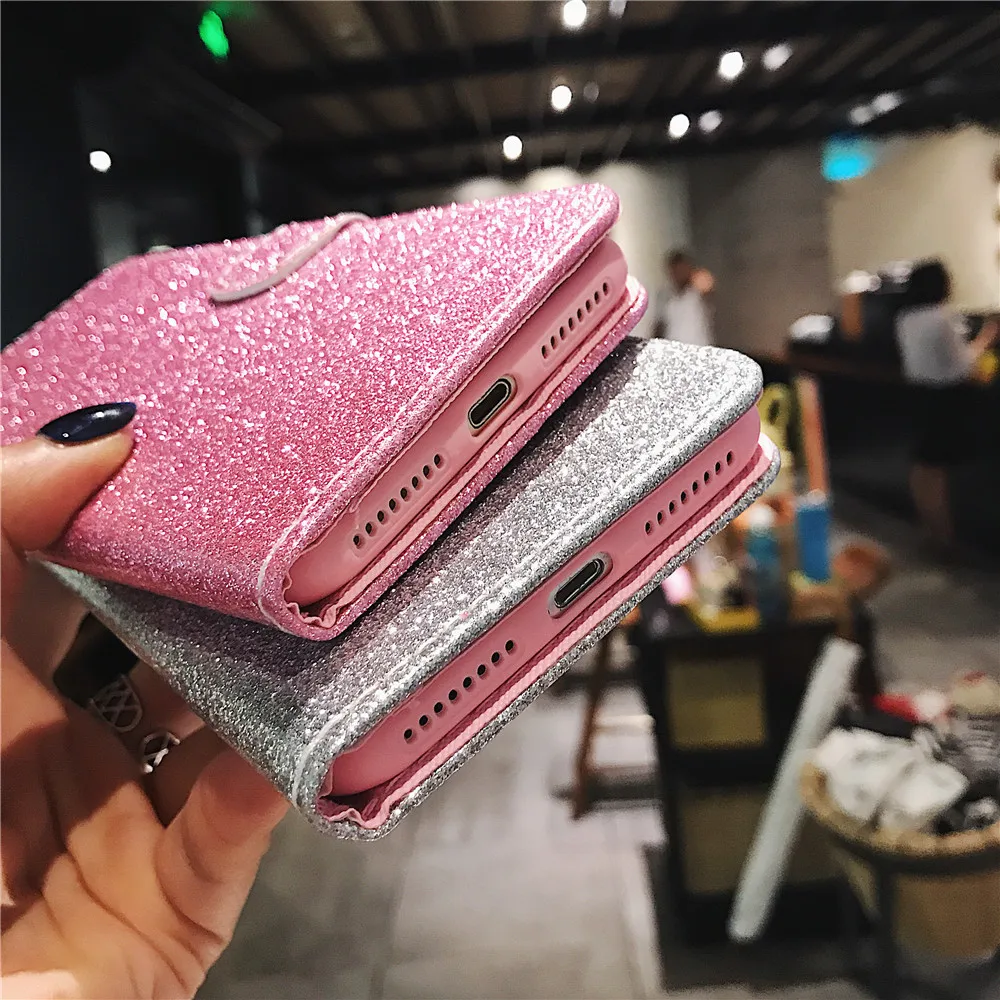 Роскошный кожаный чехол с блестками для телефона iPhone 6 6s Plus 7 8 X 10 розовый откидной