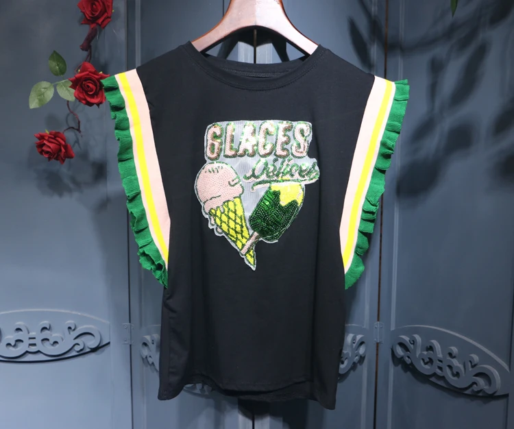 Женская хлопковая футболка летняя с принтом мороженого и блестками оборками