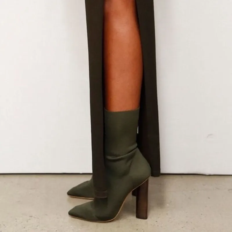 

New Celebrity Fashion Beige Knit Ankle Boots Stretch Summer Fall Women Shoes Pointed Toe High Heels Pumps Women Boots