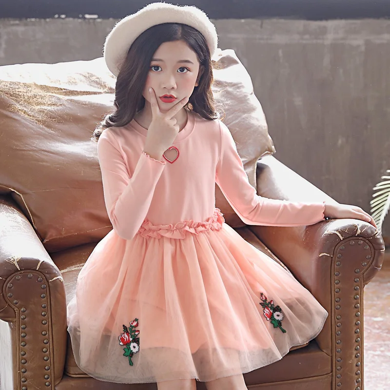 Платье с длинными рукавами и цветочным рисунком для девочек 2018 осенне-зимнее