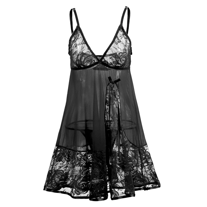 Для женщин сексуальное нижнее белье Babydoll на бретельках, с открытой спиной, кружевное Прозрачная сорочка пикантные костюмы, ночные сорочки плюс Размеры S-6XL - Цвет: Black