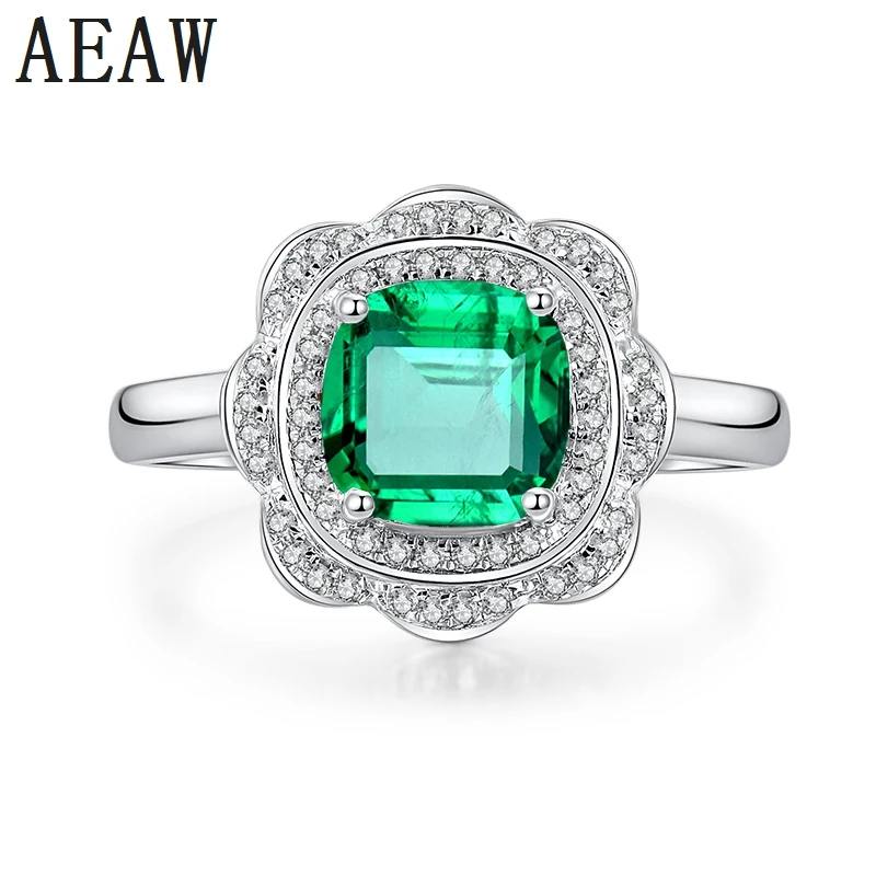 

3.0CT Cushion Shape Lab Created Green Colombian AAA Emerald with Moissanite Engagement Ring Special Cluster Style 14K White Gold