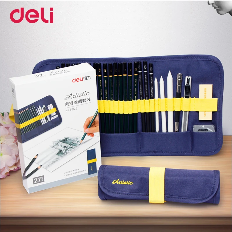 

Deli creative 26pcs/set paint sketch set professional art drawing charcoal pencil paper eraser fabric bag for school supply gift