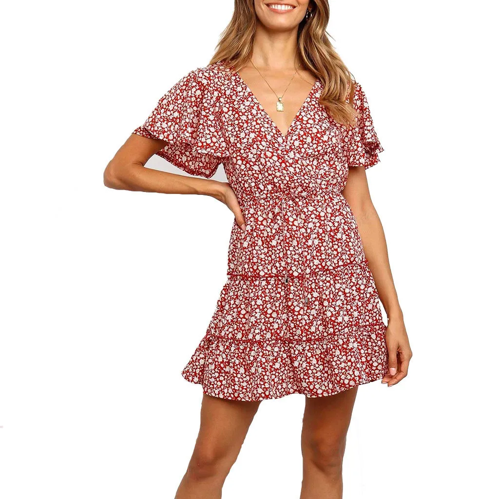 Женское мини-платье с v-образным вырезом и принтом платье принцессы без рукавов