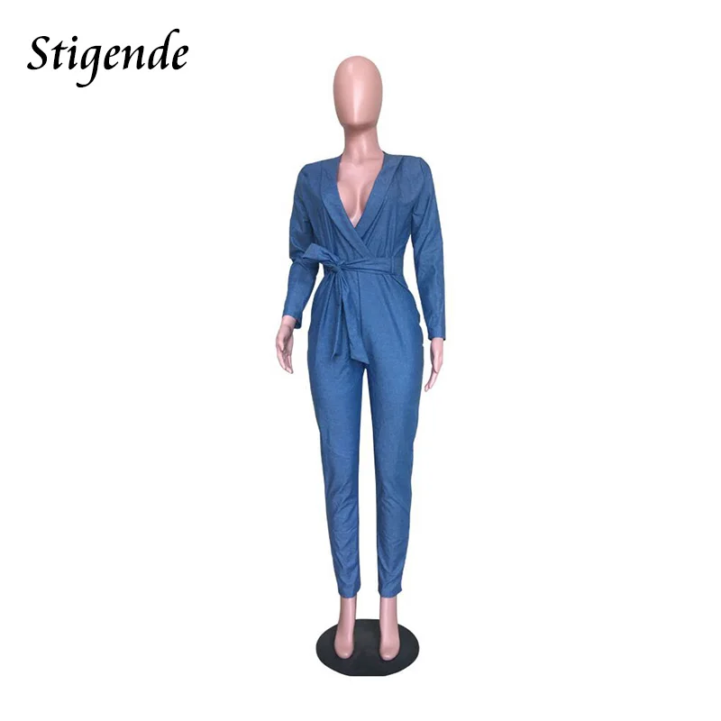 Stigende Тонкий Bodycon джинсовый комбинезон для женщин с длинным рукавом Глубокий V средства ухода за кожей Шеи джинсовый комбинезон наряды сплошной сини