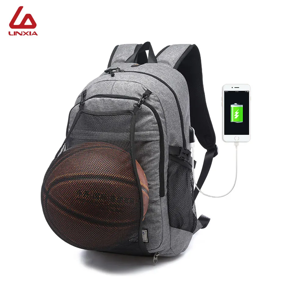 2018 Multifunction USB charging Sport Backpack With Football Basketball net School Bag For Teenager Male Soccer Ball Pack Bag