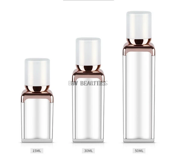 

15ml 30ml 50ml pearl white+rose gold square shape acrylic airless bottle for lotion emulsion foundation liquid cosmetic packing