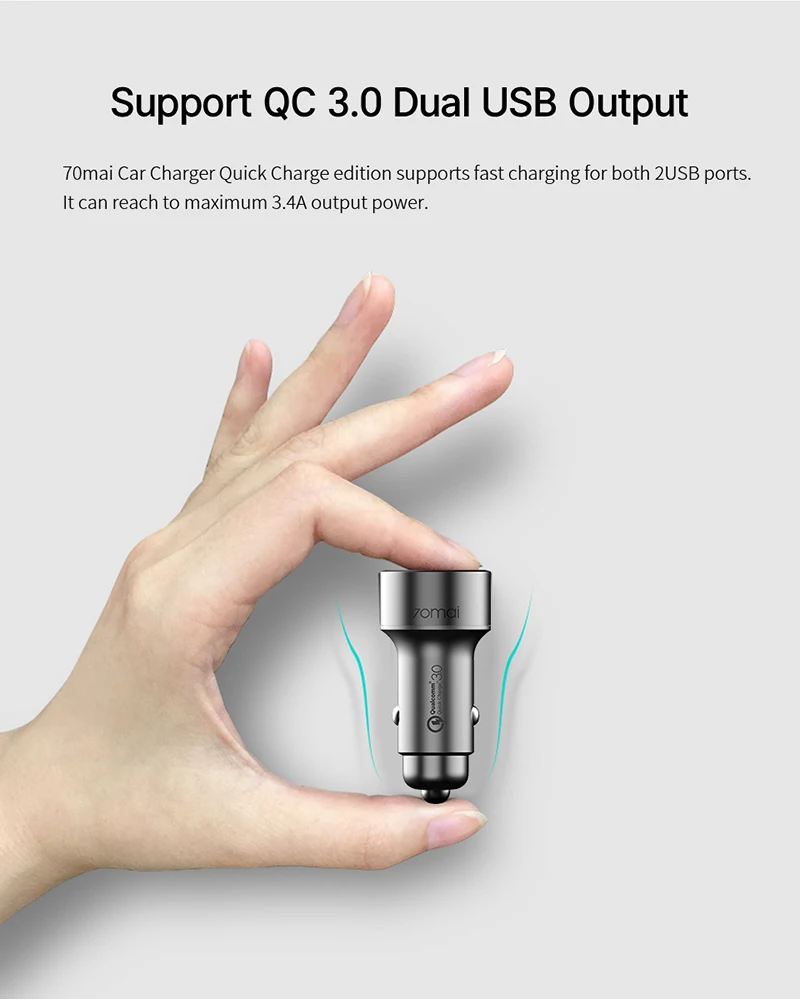 70mai QC 3,0 Быстрая зарядка двойной USB Автомобильное зарядное устройство 70 mai металлический чехол 2USB автомобильное зарядное устройство Android iOS для телефонов