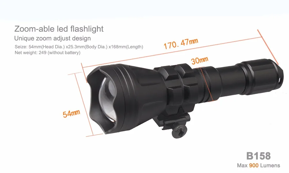 Светодиодный тактический фонарь CREE XM-L2(U4), масштабируемый светодиодный фонарь, 18650 водонепроницаемый фонарь с зумом, водонепроницаемый flashlight-B158 с зумом