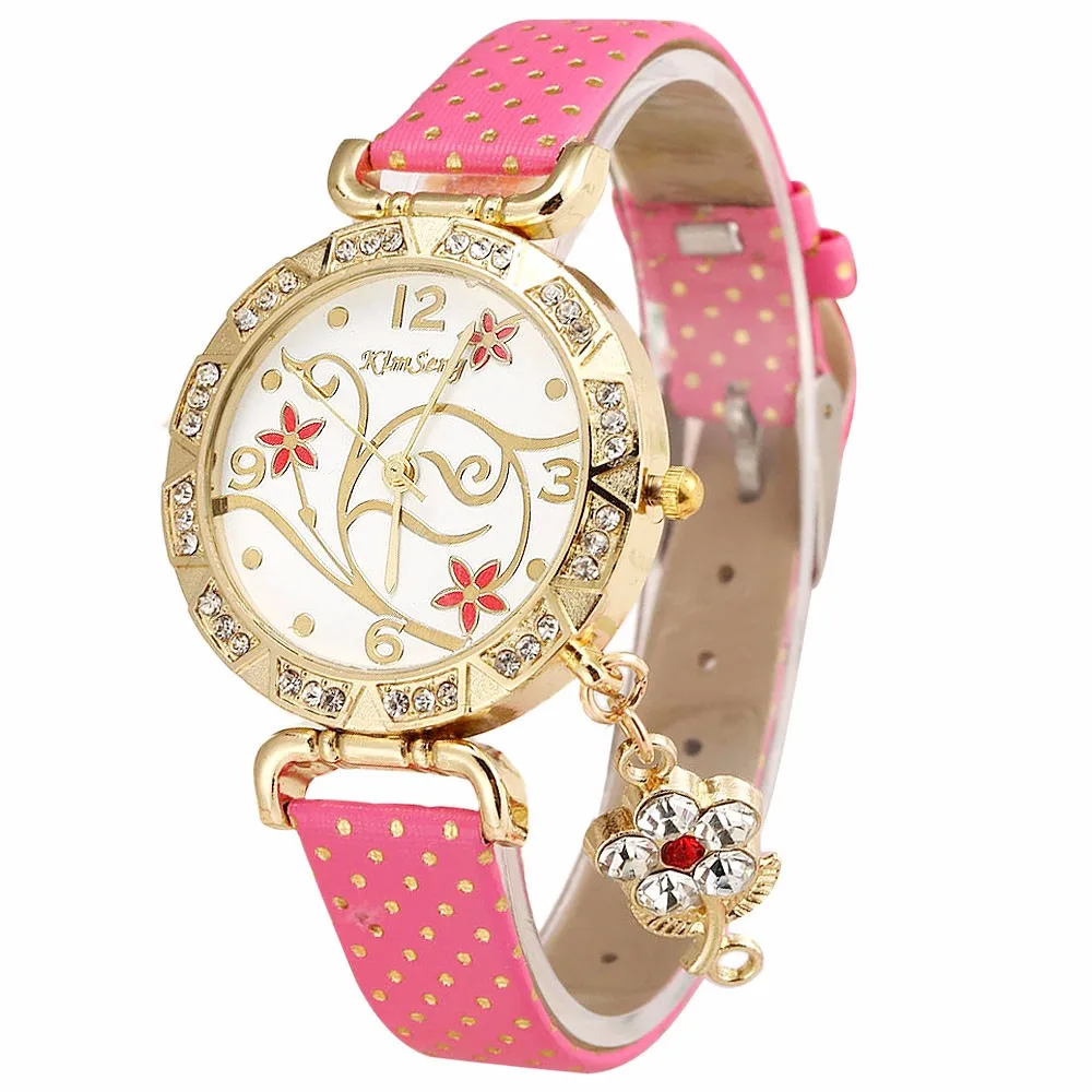 Hot Pink 5001 женские часы с узором орхидеи, браслет, кожа, бриллиант, кварцевые наручные часы, reloj mujer, Новое поступление - Цвет: Hot Pink