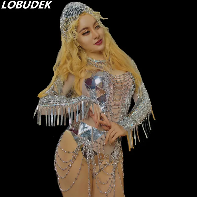 

Adult Women Nightclub DJ DS Costume Silver Sequins Beads Headdress Backless Bodysuit Bar Pole Dance Catwalk Performance Jumpsuit