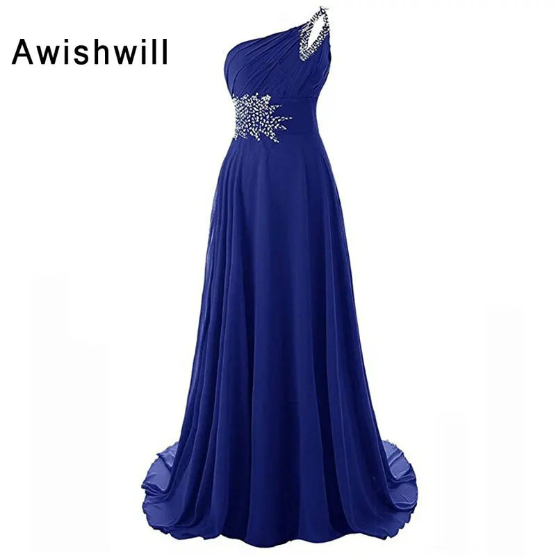 Женское вечернее платье с открытым плечом элегантное шифоновое до пола бусинами