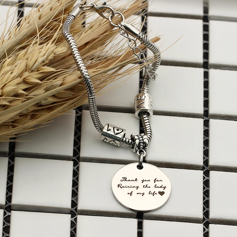 XIAOJINGLING 'Thank you for Raising the Lady of my life' Charm Bracelet Stainless Steel Fashion Women Jewelry Mother-in-law Gift |