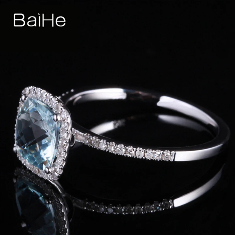 BAIHE Solid 14K белое золото около 1.2ct сертифицированная Подушка CUT Натуральный аквамарин свадебные женские ювелирные изделия уникальный подарок кольцо