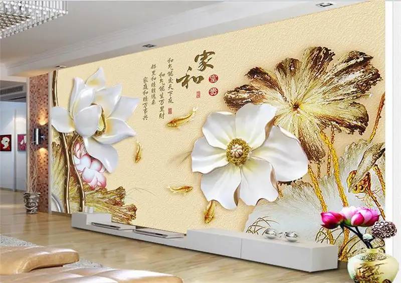 3d room wallpaper custom mural photo lotus koi relief painting picture background wall non-woven for walls | Обустройство дома