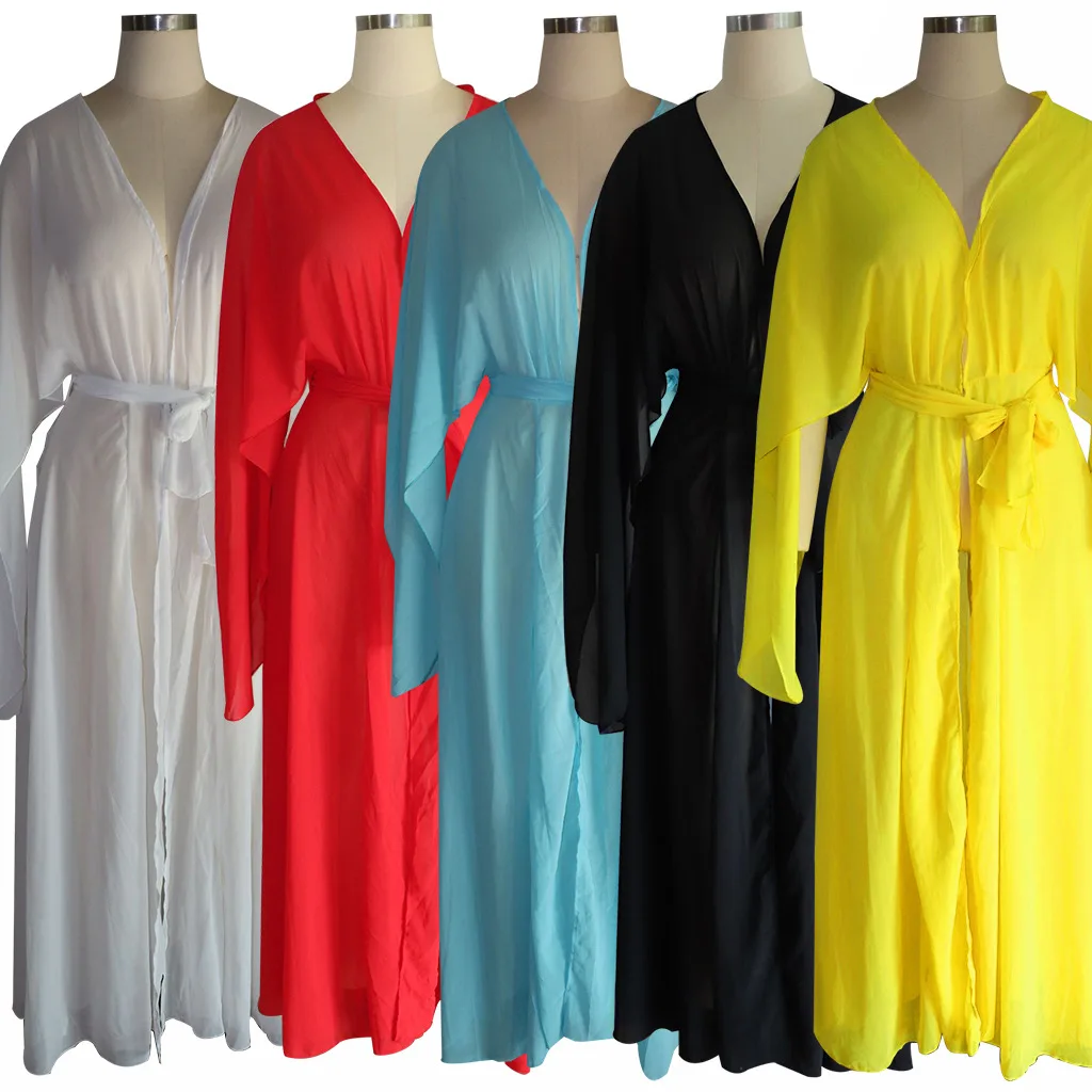 Женская шифоновая Длинная блузка с открытым носком рукавом летучая мышь поясом