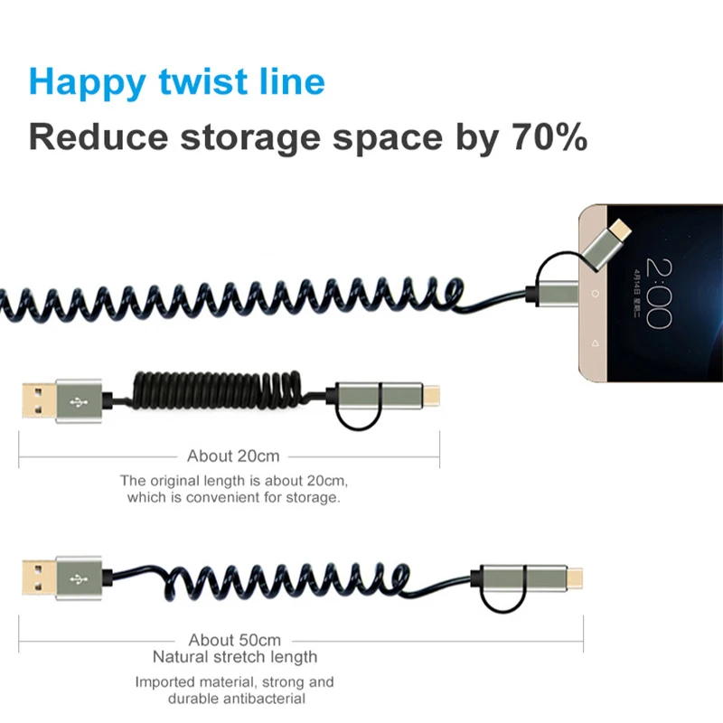 2 в 1 кабель для передачи данных USB портативный Весна с разъемом Micro Type C Мобильный