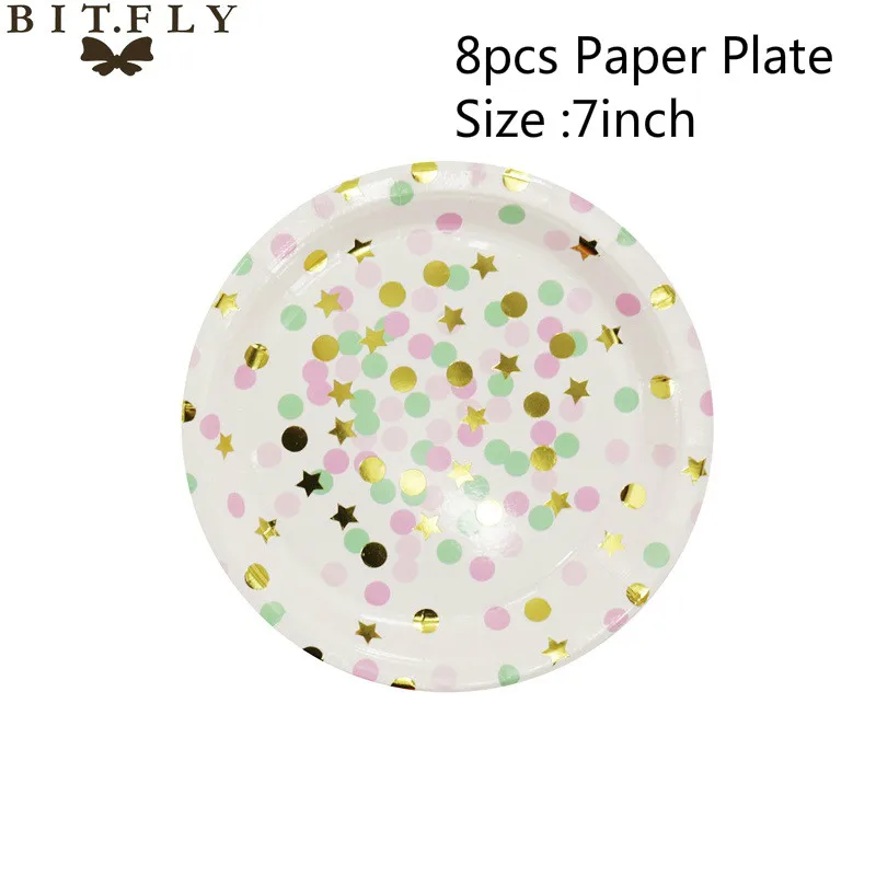 7inch Gold Pink BIT.FLY, Золотая фольга, одноразовая посуда на день рождения, детская вечеринка, розовая/синяя бумажная тарелка, салфетки под чашки для мальчиков/девочек, украшения для вечеринки сделанные своими руками - Цвет: 7inch Gold Pink