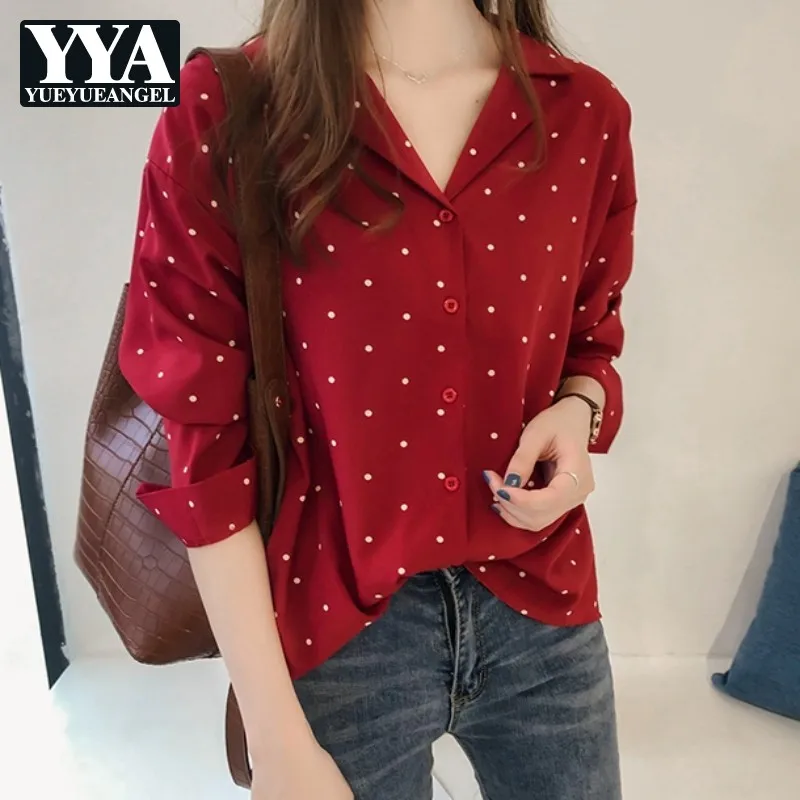 Рубашка женская шифоновая в горошек модная блуза с длинным рукавом свободная