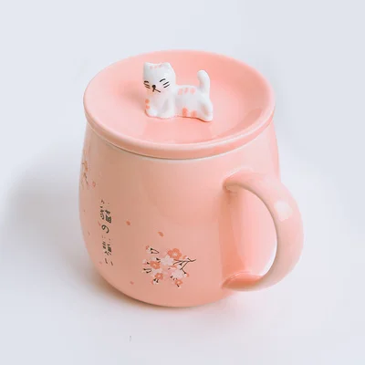 Deep Pink Горячие японские вишни керамические кружки милый 3D Кот кофе чашки для завтрака чашка для молока, чая креативная Подарочная кружка с крышкой - Цвет: Deep Pink