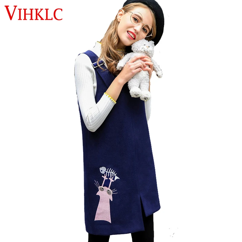 VIHKLC 2017 new fashion Spring Autumn Dress Women high quality loose wool embroidery Hairy Strap dress plus size FC58 | Женская одежда