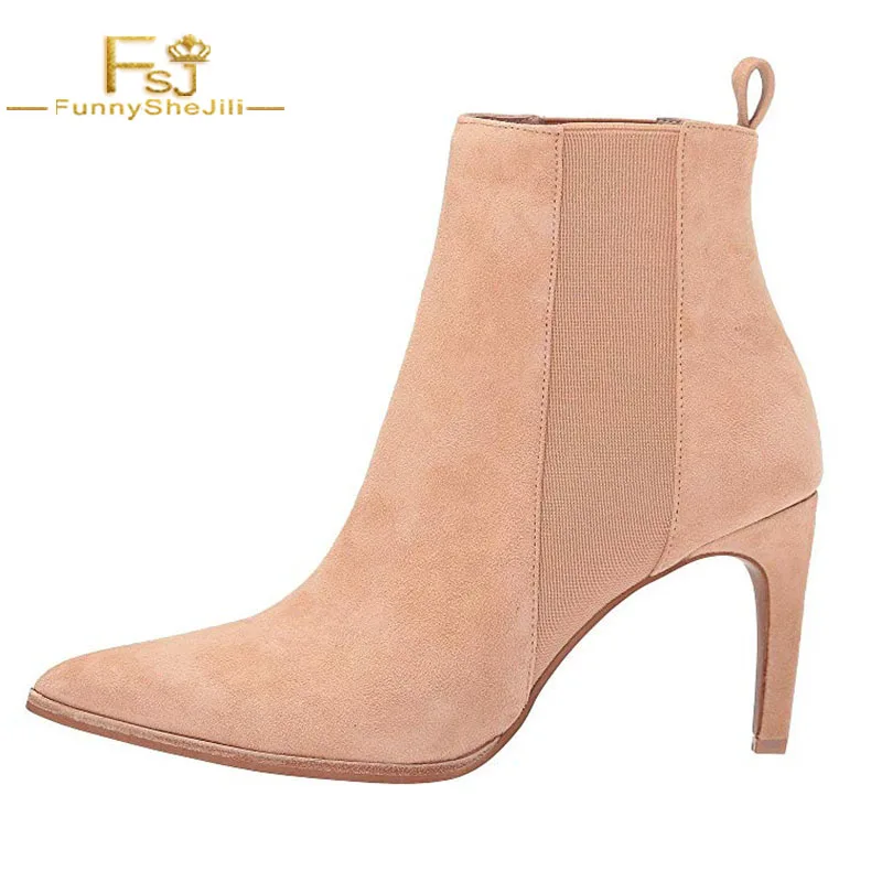 

FSJ Nude Suede Pointed Toe Elastic Band Chelsea Ankle Boots for Women Slip on Stiletto Heel Casual Dress Shoes Date 2021 Autumn