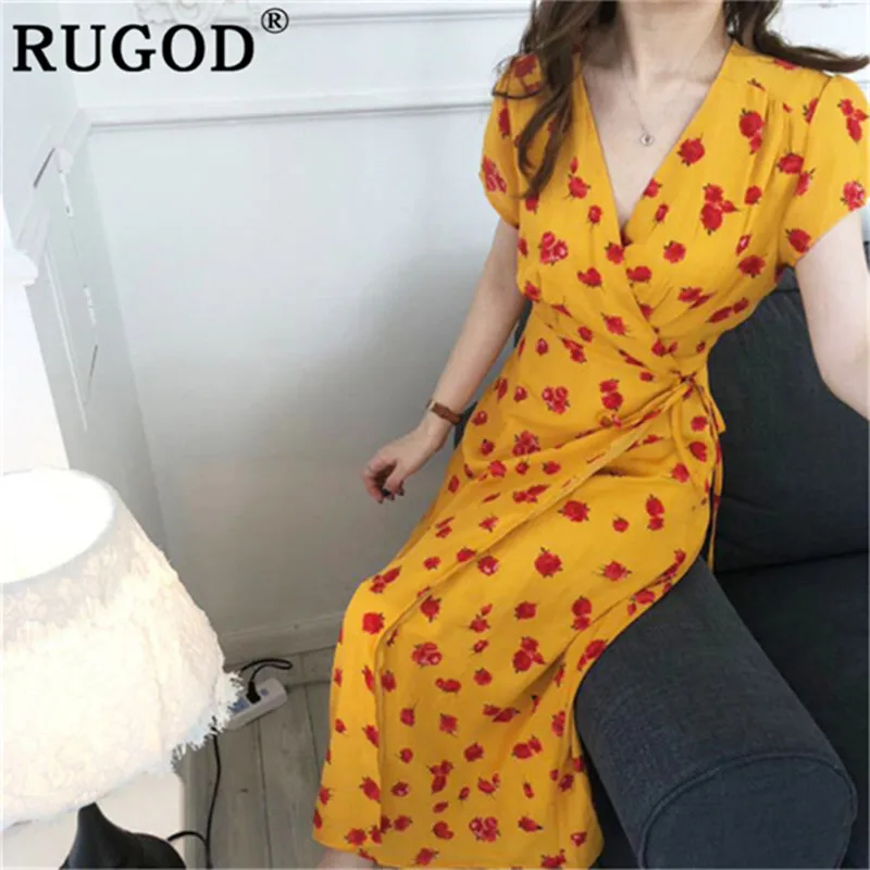 RUGOD корейское Длинное Макси на шнуровке женское платье модные с цветочным