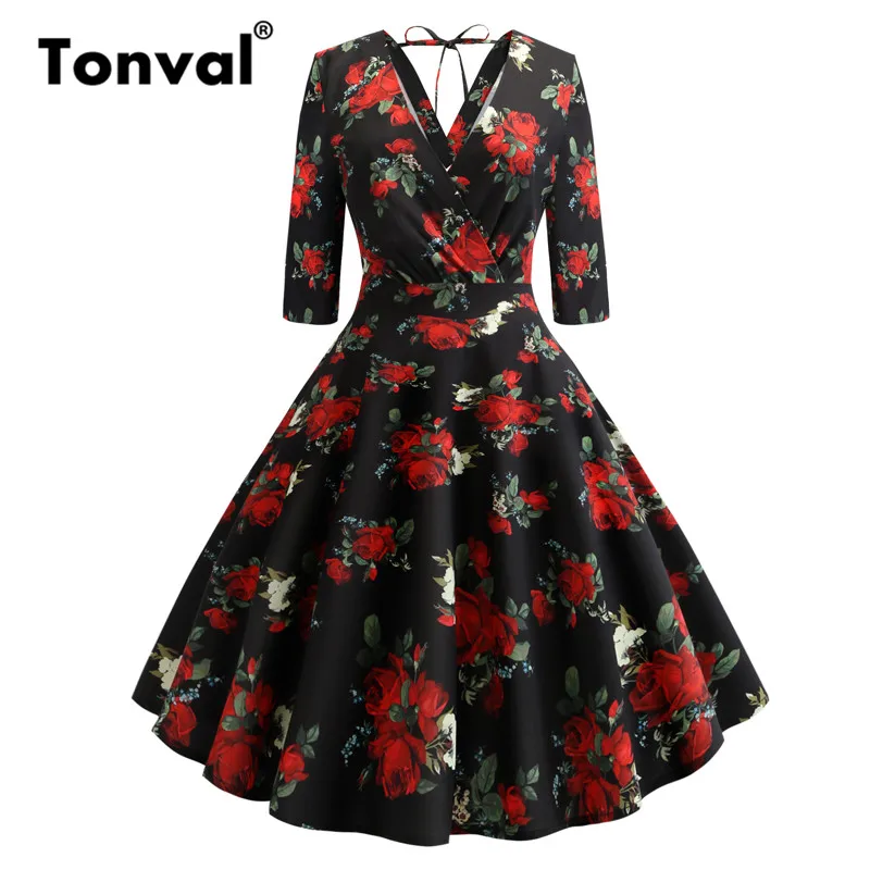 Женское платье с принтом красной розы Tonval винтажное глубоким v образным вырезом
