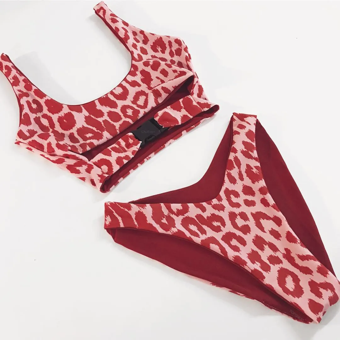 

V bottom high cut bikini Buckle sexy swimsuit push up bathers Bandeau swimwear women bathing suit leopard micro bikini new