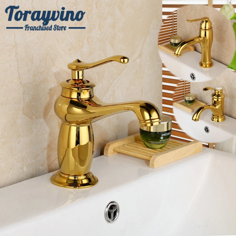 

Torayvino Bathroom Gold Plated basin Faucet rubinetto bagno Stream Spout Basin taps Solid Brass Sink Faucet Deck Mount Mixer tap