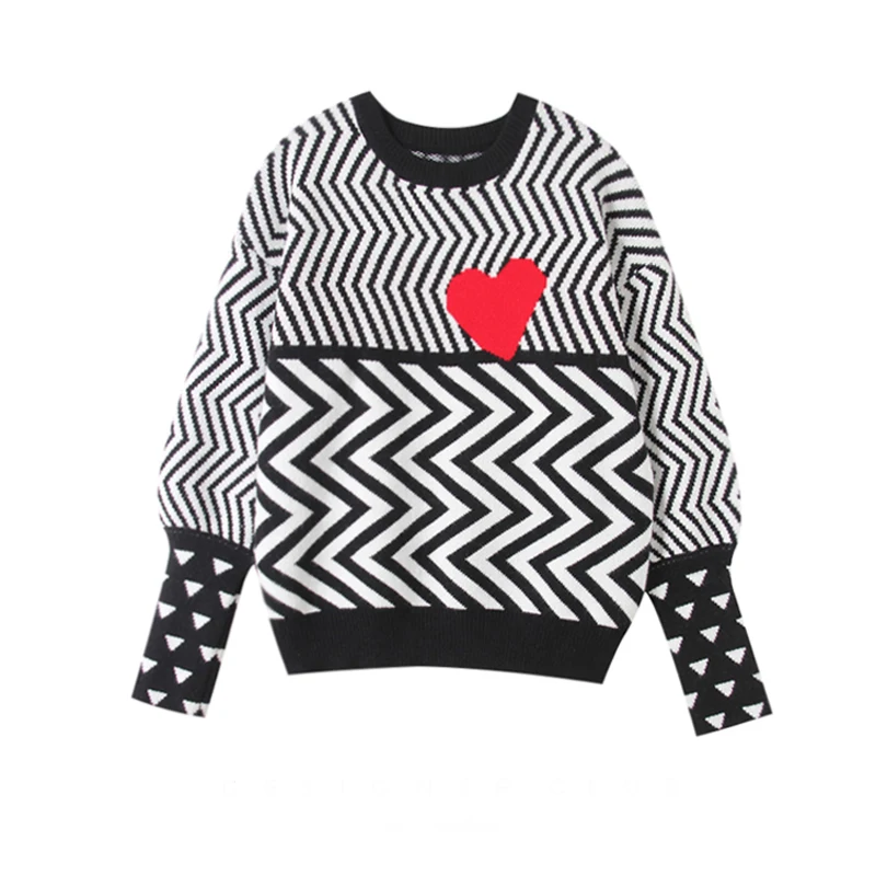 Топы с длинным рукавом и геометрическим узором в виде сердца милые пуловеры