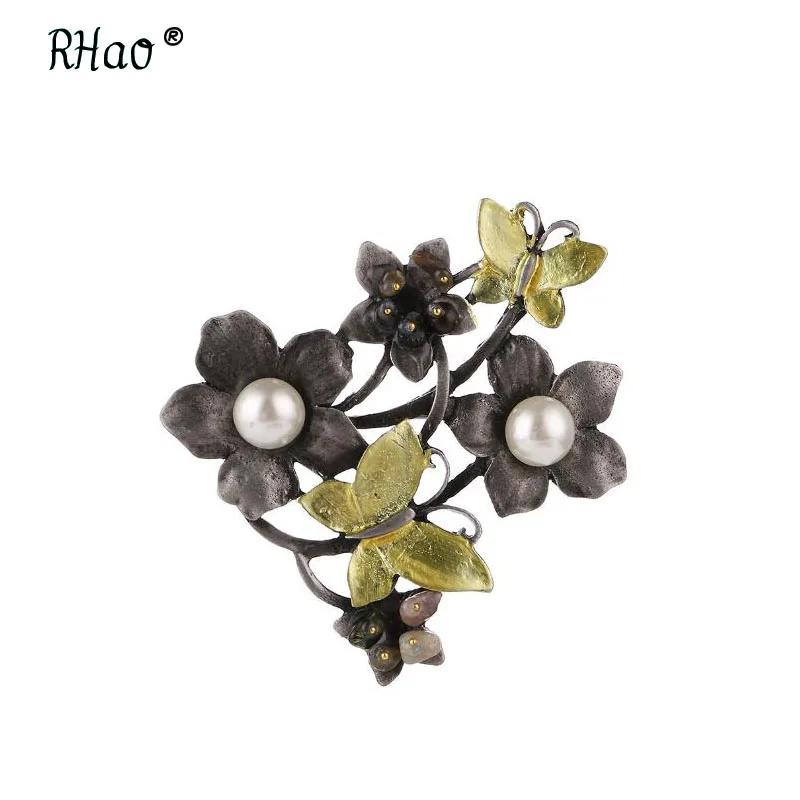 RHao Flower pearl butterfly Retro Alloy Brooches for Women Wedding brooch Men girls clothes jewelry buckles hijab pins scarf pin | Украшения