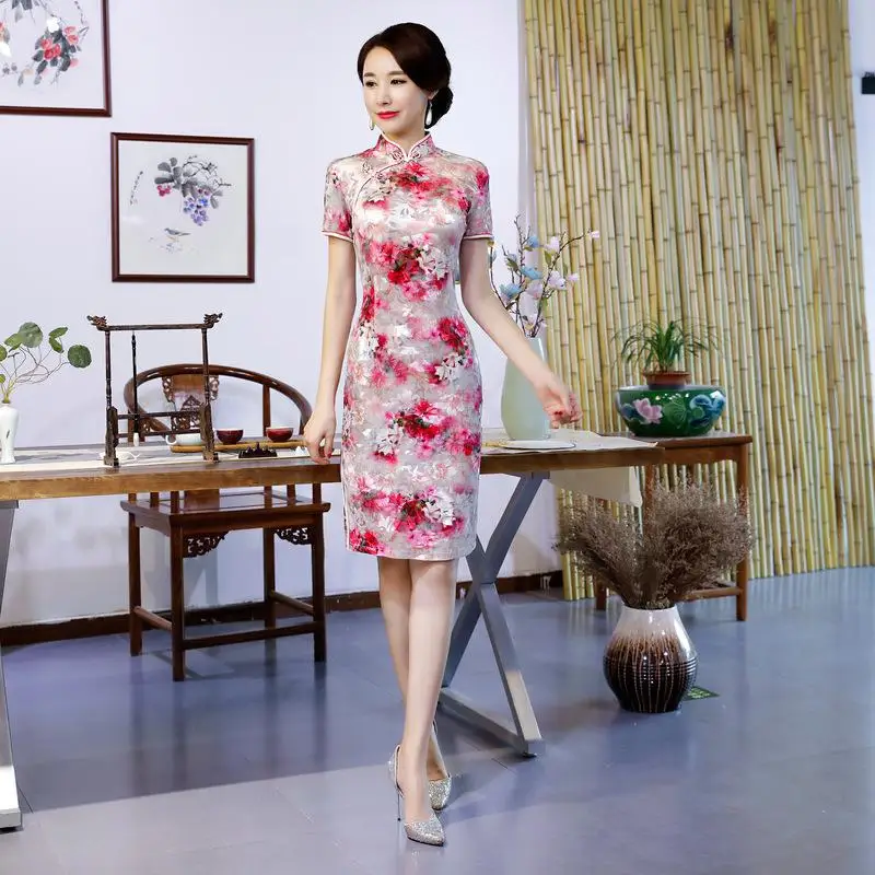 Винтажные женские зимние Бархатные Qipao сексуальные тонкие Сплит Ципао с коротким рукавом Vestidos китайские традиционные печатные Повседневные платья M-4XL - Цвет: Красный